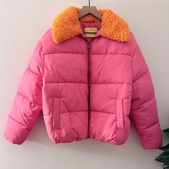 Urban Outfitters Pink Orange Duckie Faux Shearling Collar Puffer Jacket XS - Picture 2 of 7